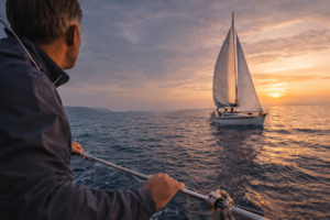 Erfahrener Skipper an Deck während einer professionellen Yachtüberführung